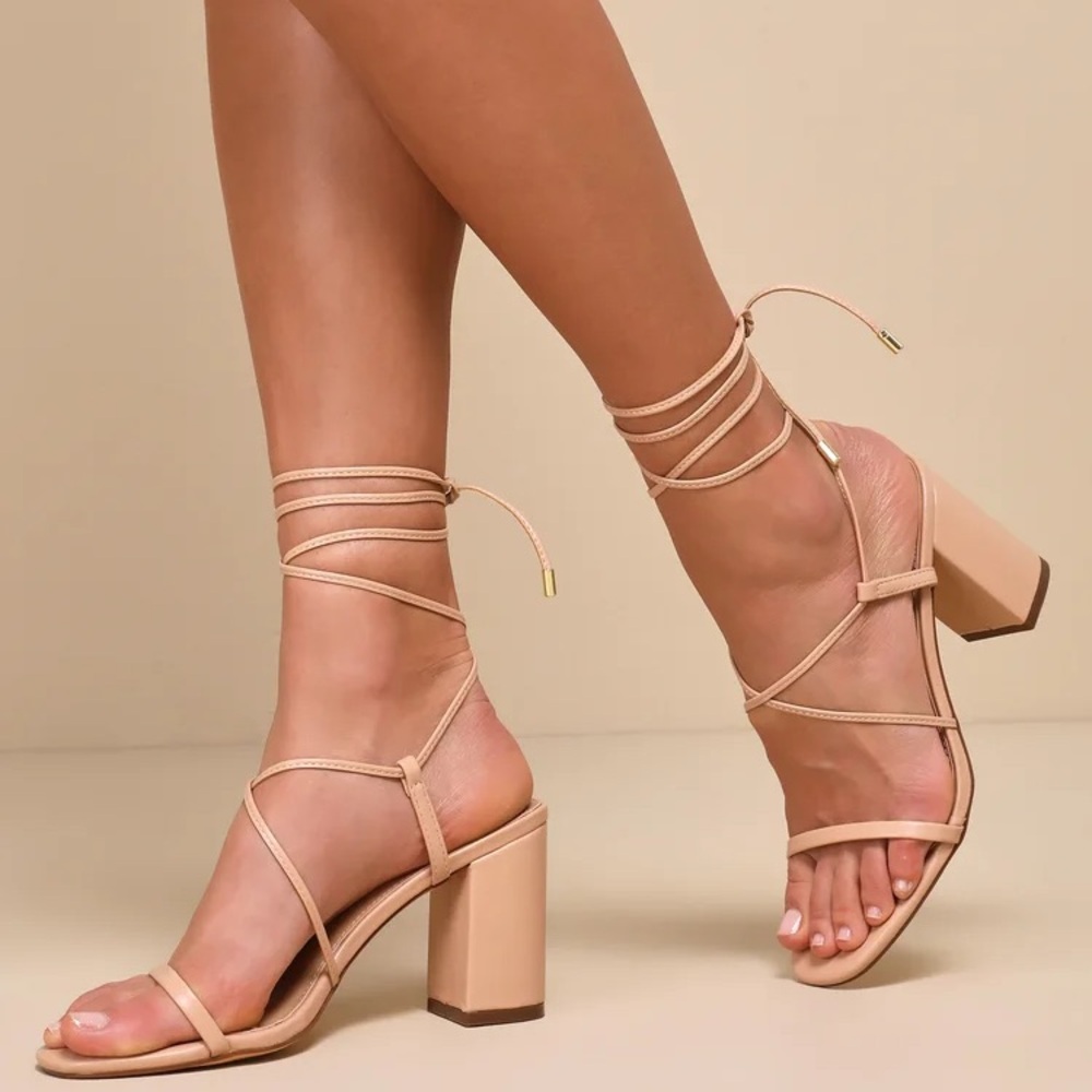LULUS Aribaa Light Nude Lace-Up High Heel Sandals 8.5